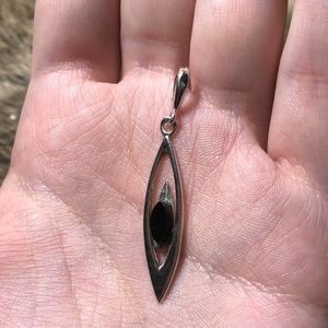 Silver plated sharp abstract black glass cabochon pendant